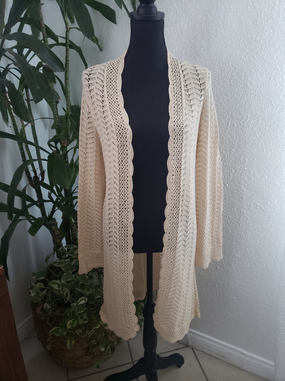 Open Front Cream Crochet Knit Cardigan Sweater Size L